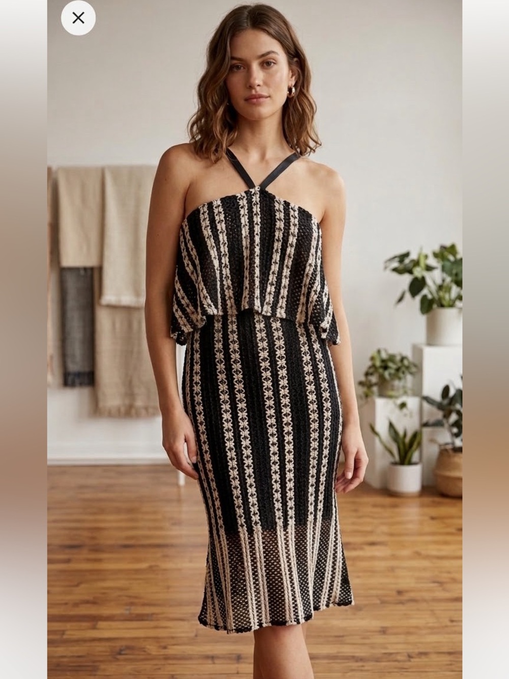 New! VENUS Black and white Striped crochet Midi Dress size 8